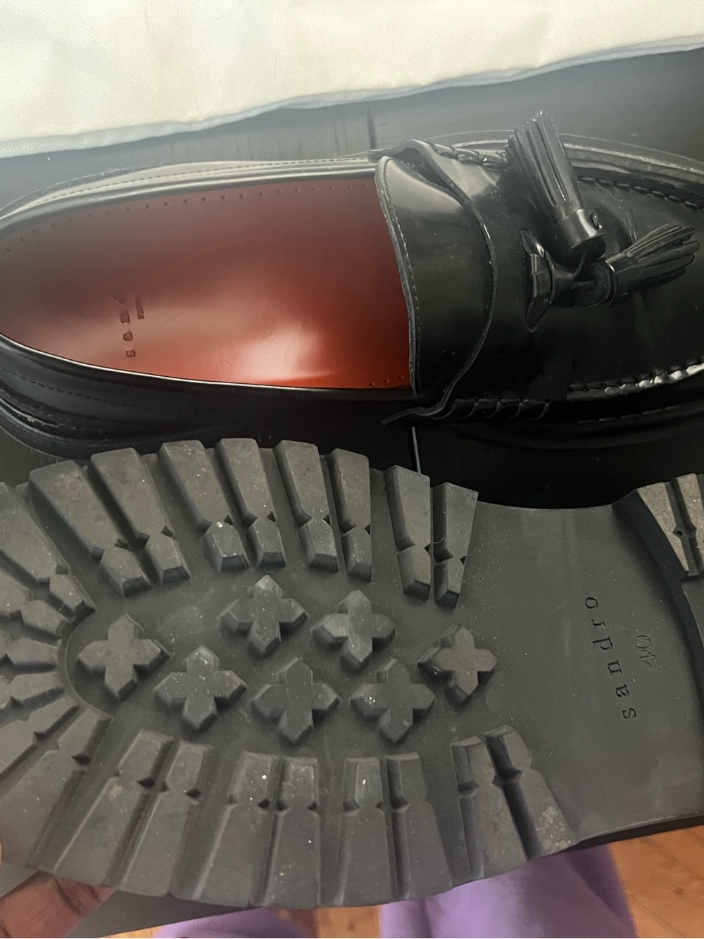 Sandro Black Leather Tassel Loafers with Gold Trim - Picture 3 of 3